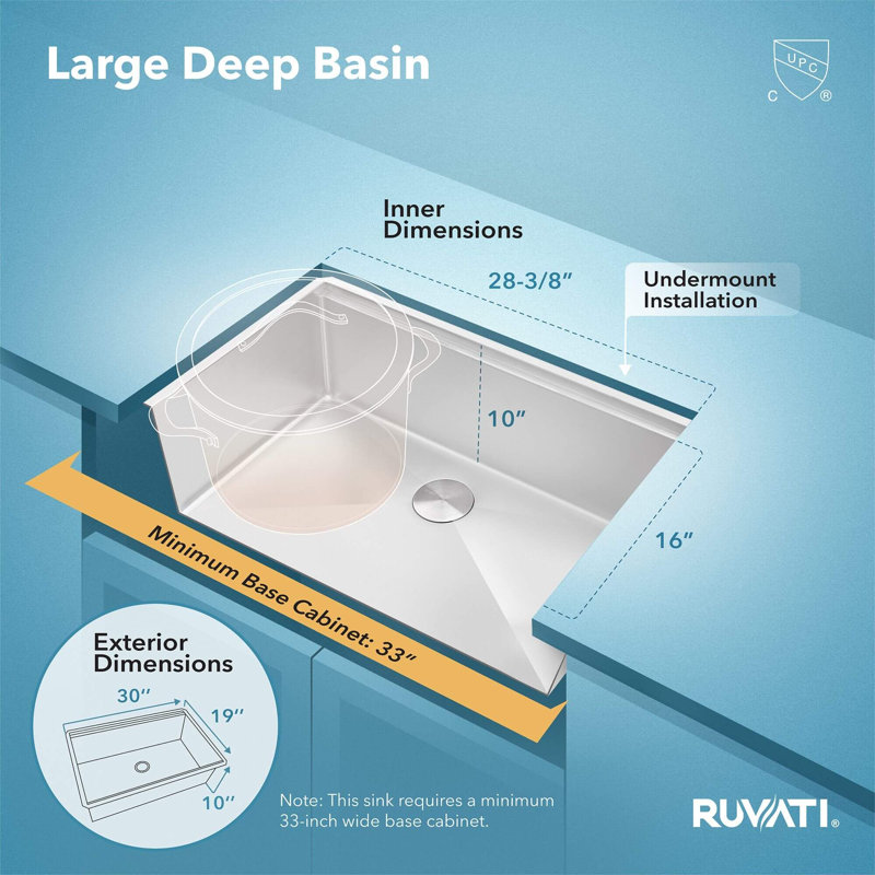 Ruvati Workstation Rounded Corners Undermount Ledge Kitchen Sink with Accessories, 10" H x 19" W x 30" L