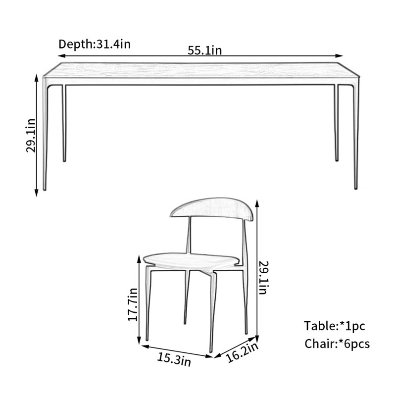 Minimalist Aluminum Rock Plate Dining Table Chair 6 - Person Four Leg Dining Set, 29.1"H x 55.1"L x 31.4"W