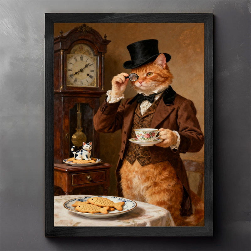 «Black Cat Vintage» encadré noir, art buvant du thé, impressions encadrées de style rétro, H 37 po x l 25 po