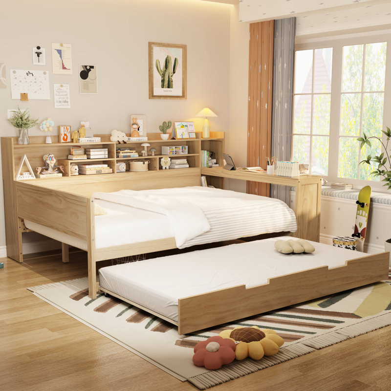 Lit de jour en bois avec compartiments de rangement polyvalents, lit gigogne simple et bureau d'étude efficace dans des options de finition naturelle, taille idéale