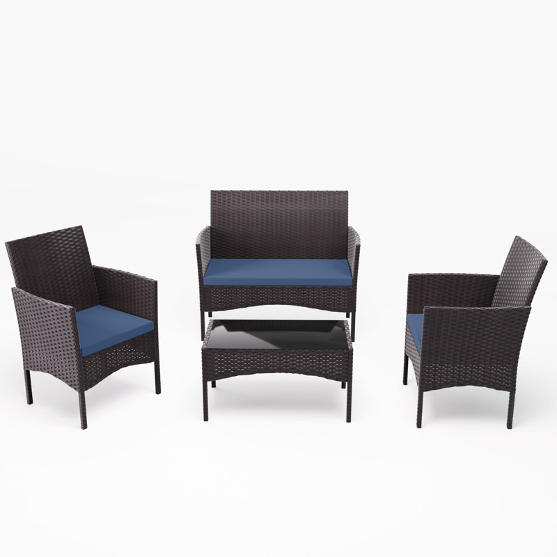 4-Person All-Weather Wicker Patio Conversation Set with Black Tempered Glass Table and Cushions, Navy