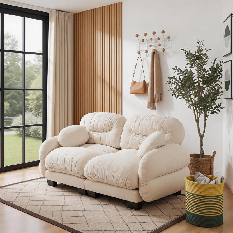 Canapé modulable deux places en chenille plissée avec siège ergonomique en mousse, accoudoirs incurvés et 2 coussins décoratifs