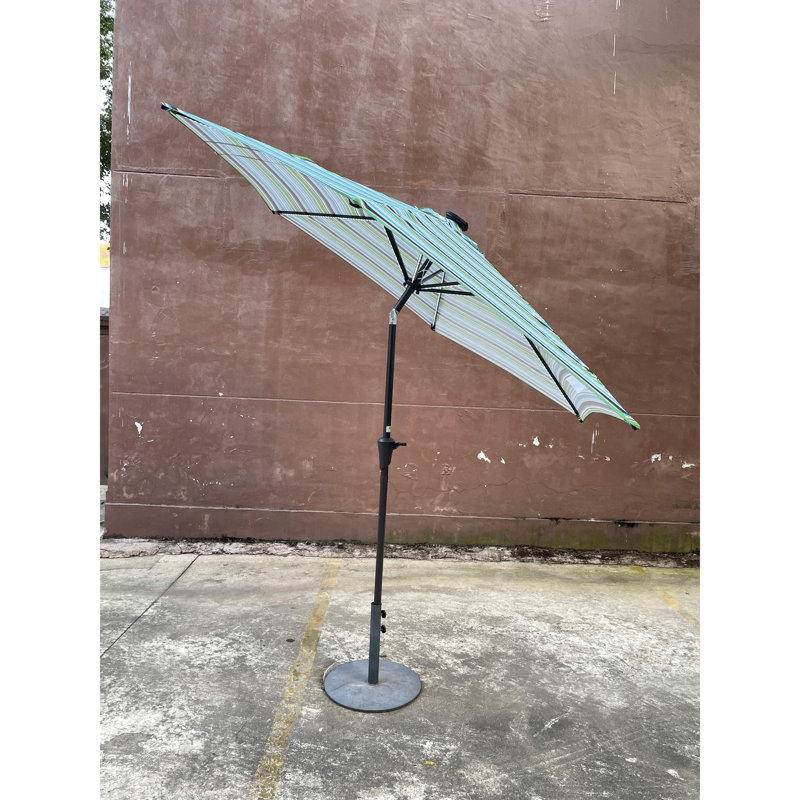 Parasol solaire à DEL, cadre en métal, rayures bleues, idéal pour un usage extérieur à la maison