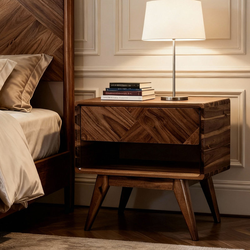 Solid Acacia Wood Nightstand, Bedside Table with Drawer & Open Shelf, Mid-Century Art Deco Accent Piece, Scratch & Water-Resistant