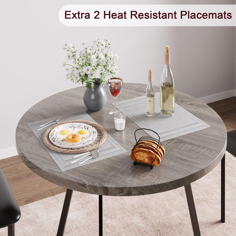Gray Round Marble Dining Table Set with Black Metal Chairs