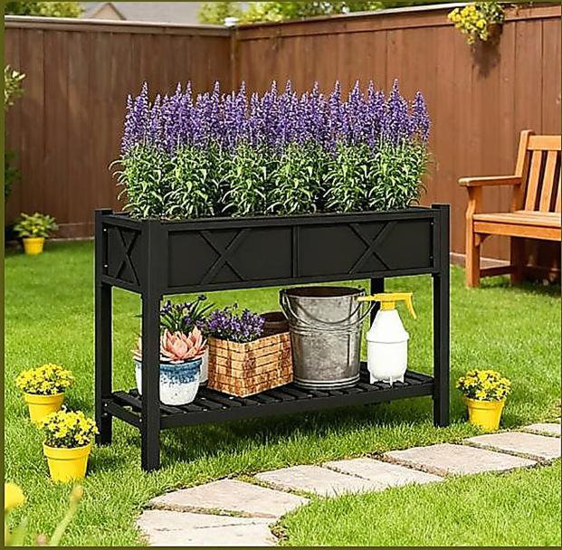 Boîte à fleurs surélevée en bois, lit de jardin surélevé, avec tablette de rangement, trous de drainage et doublure, Noir