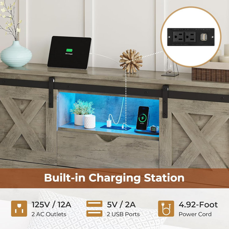 Farmhouse Bed Frame With 2 Storage Drawers, Wooden Platform Bed With Led Lights And Charging Station, Rustic Headboard With Sliding Barn Door Storage Cabinets