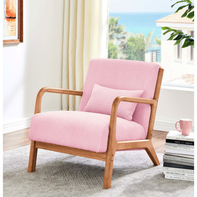 Chaise longue rembourrée en velours côtelé rose avec structure au fini naturel chaleureux, tissu côtelé et coussin lombaire pour les salons modernes et intemporels, 26,69 po de largeur, 29,96 po de hauteur