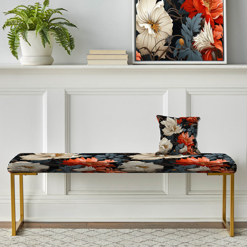 Upholstered Gold Bench, White And Coral Tropical Floral Paradise