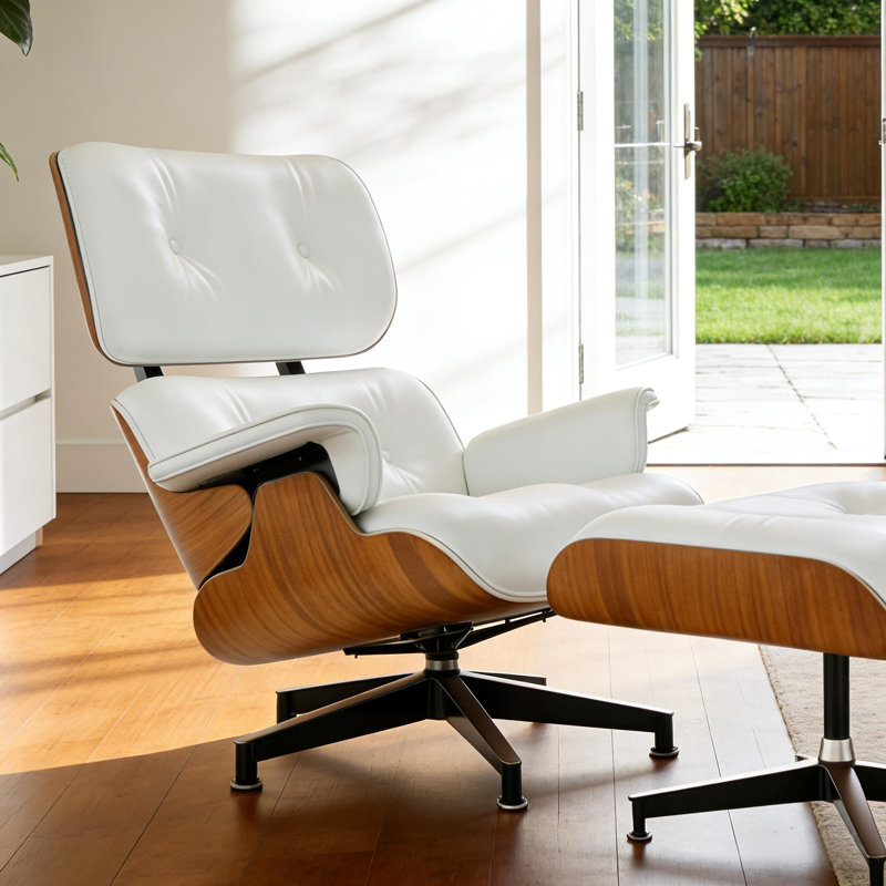 Leather Lounge Chair With Ottoman, Solid Wood Frame, Aluminum Alloy Base, Lightwood/White