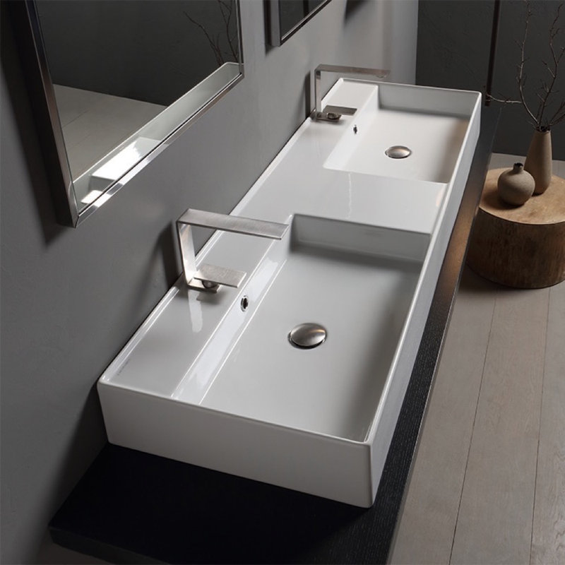 Scarabeo By Nameeks 18'' White Ceramic Rectangular Bathroom Sink with Overflow, Two Hole