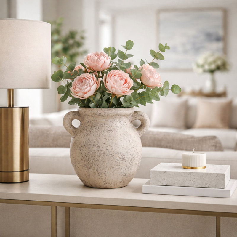 Vase rond en terre cuite avec double poignée pour la décoration intérieure - Vase à fleurs de style rétro pour décoration d'étagère ou de table d'appoint - 12 po, ivoire