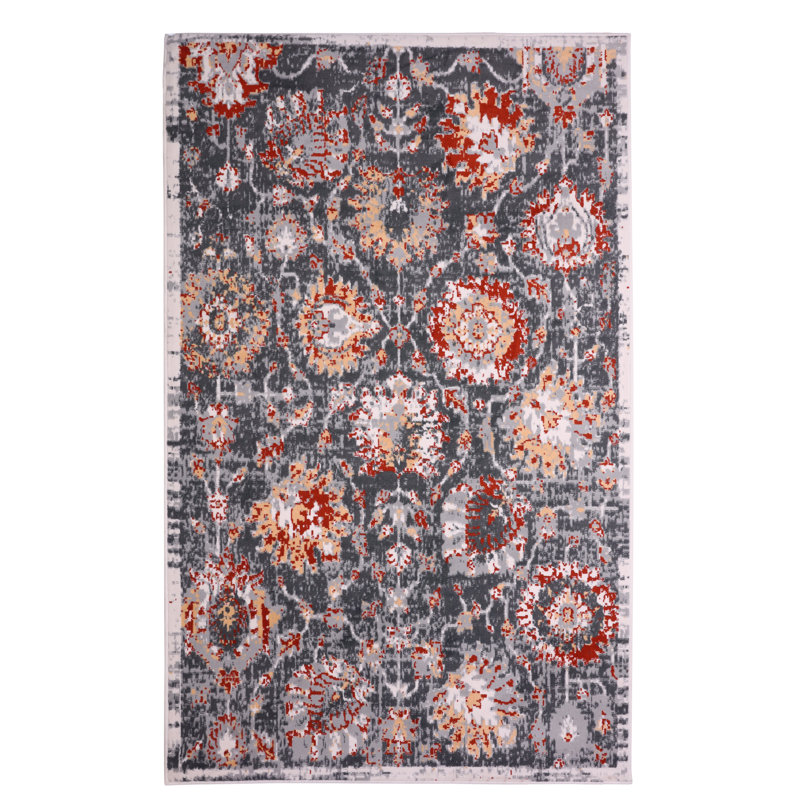 Tapis floral gris / rouge, Rectangle 7 pi 8 po x 11 pi