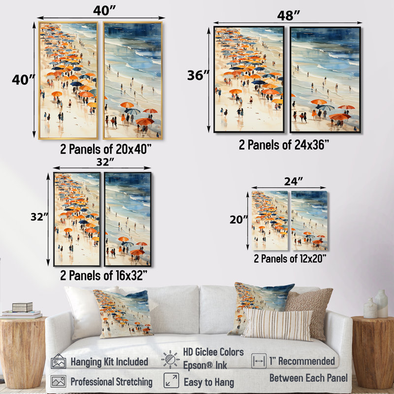 «Orange Umbrella Beach Day Tranquitt III - Beach Beach People», art mural, H 40 po x l 40 po, Toile tendue, Ne s’applique pas