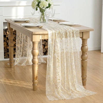 Chemin de table en gaze beige et dorée 150 x 305 cm (10 pieds), paillettes métalliques, transparent, idéal pour décorer une table lors d'un repas, d'un mariage, d'un anniversaire ou d'une fête à la maison.