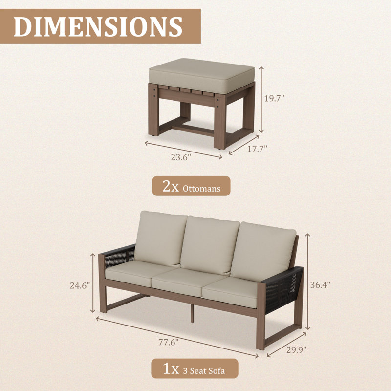 Ensemble de conversation pour 3 personnes avec canapé et patio en bois de cèdre, Beige