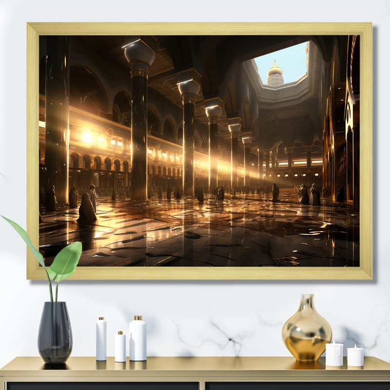 Hajj Pilgrimage I - Art mural, H 30 po x l 40 po x P 1,5 po, Cadre doré à coins fermés
