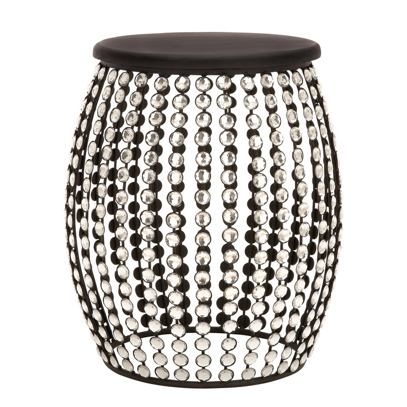 Glam Black Iron and Wood Round Accent Table with Crystal Embellishments
