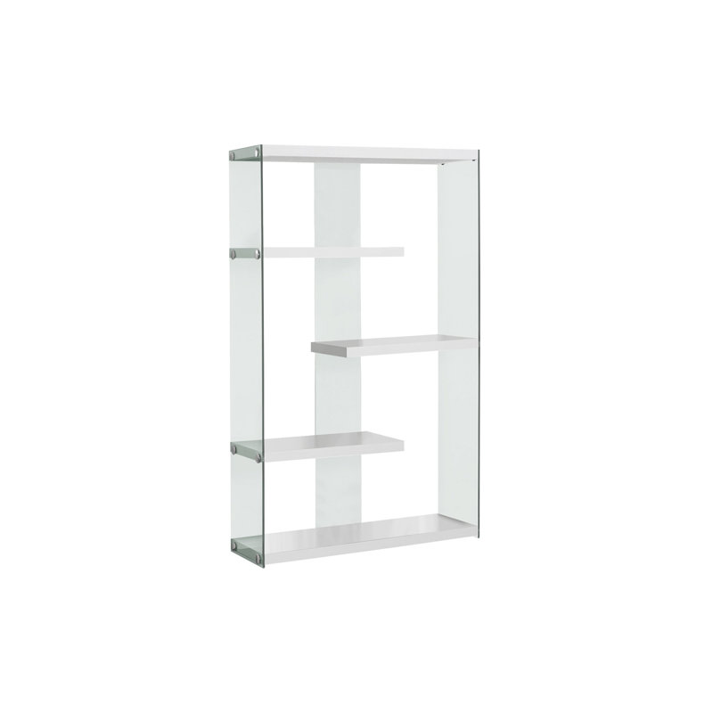 Bibliothèque blanche à 5 niveaux avec tablettes Zig-Zag et côtés en verre trempé