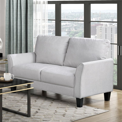 Gris moderne, structure en bois massif et contreplaqué, sièges confortables, tissu texturé de style contemporain, coussins attachés évasés
