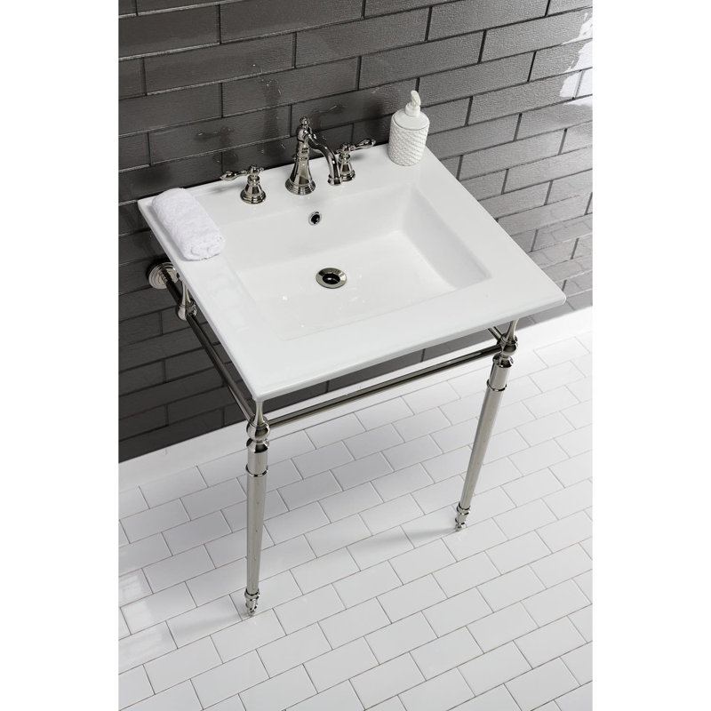 Kingston Brass Edwardian 25-Inch Ceramic Console Sink with Brass Legs (8-Inch, 3-Hole), White/Polished Nickel