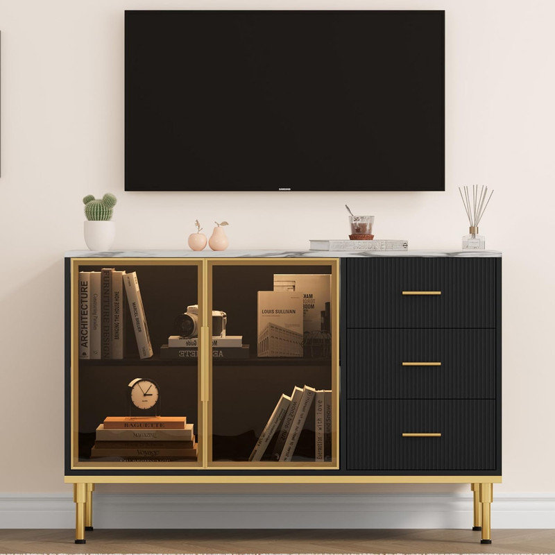 46.4" Buffet Sideboard Cabinet with Fluted Design, Glass Doors & 3 Drawers for Dining Room