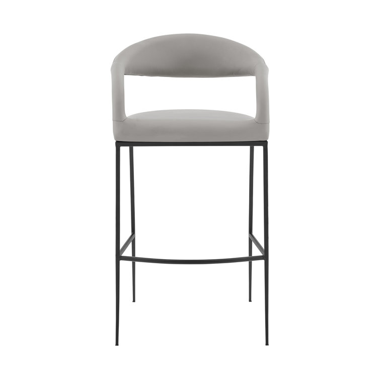 Ramona Modern Counter or Bar Height Barstool with Arms and Open Low Back in Iron Frame and Faux Leather