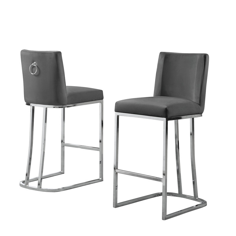 Aurrin Velvet Upholstered Bar & Counter Stool, Silver, Dark Gray, Counter Stool (26” Seat Height)