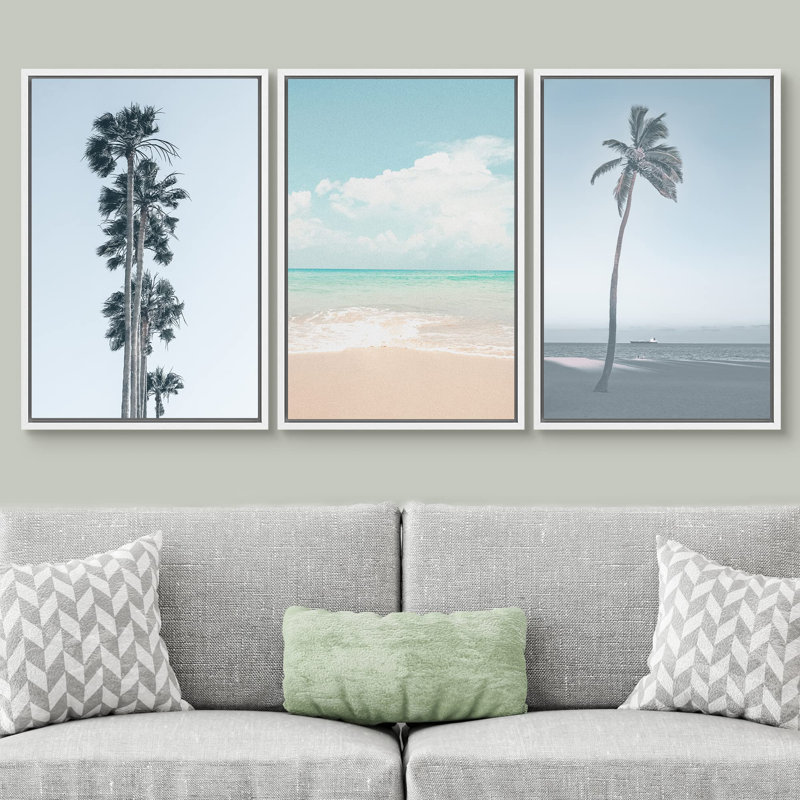 Beach And Plants " Washed Out Neon Blue Beach Shore Horizon Coastal Nautical Photography Modern Art Seascape Relax " 3 - Pieces