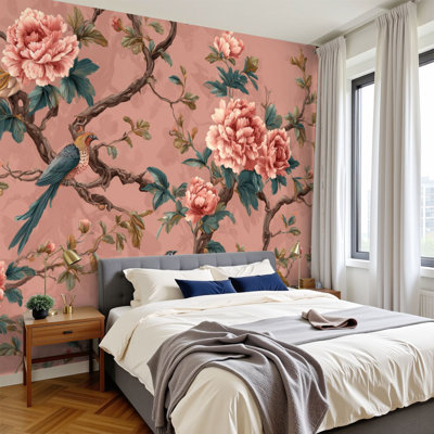 Papier peint auto-adhésif luxe floral chinoiserie corail pivoines faisans rosé H 100 po x l 144 po mural amovible en PVC auto-adhésif pour chambre à coucher salon bureau à domicile