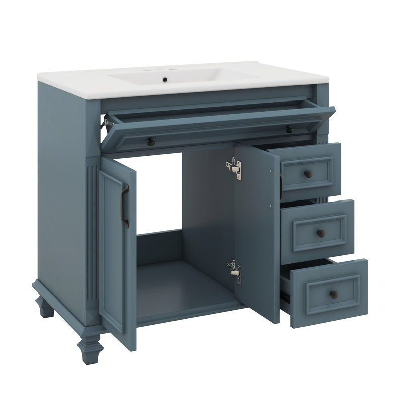 Meuble-lavabo de 36 pouces avec lavabo, meuble-lavabo avec tiroir rabattable, 3 tiroirs, petit meuble-lavabo de salle de bain