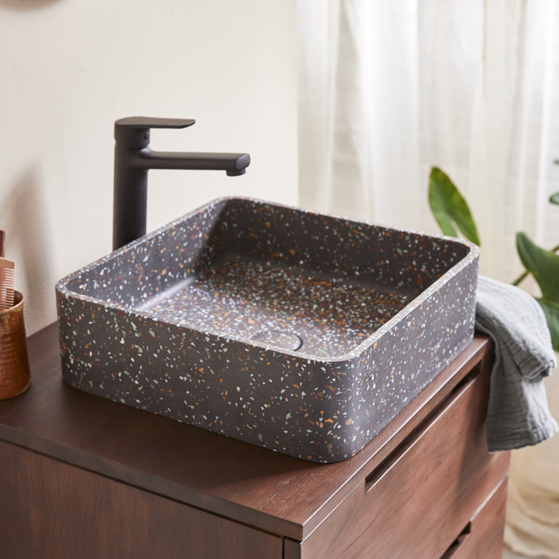 Thais Square Black Terrazzo Bathroom Sink, Confetti