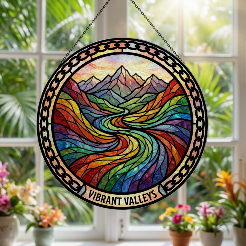 Panneau de vitrail de paysage coloré H 7,8 po