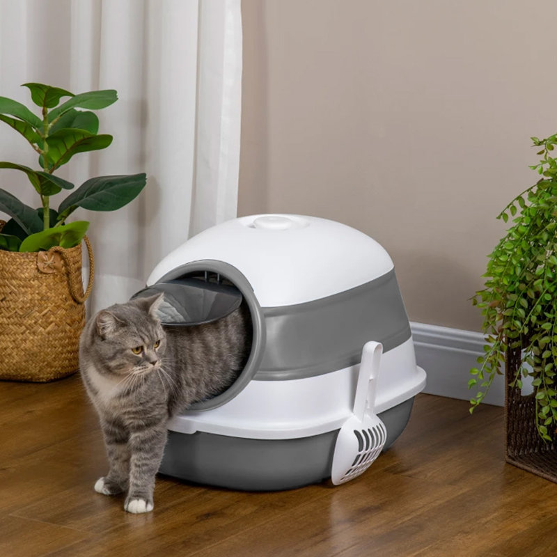 Polyethylene Plastic Enclosed Litter Box with Scoop, Grey