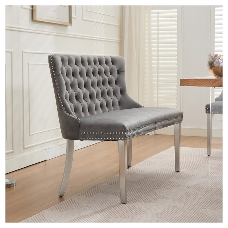 Banc de causeuse double en velours gris avec pieds en acier inoxydable argenté brossé, siège pour îlot de cuisine pour deux
