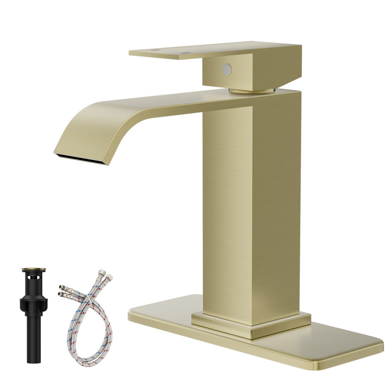 Waterfall Single Hole Single-Handle Low-Arc Bathroom Faucet With Pop-Up Drain Assembly In Bruhsed Gold, Brushed Gold