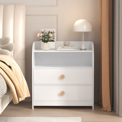 Nightstand with 2 Drawers and Open Storage Compartments, Modern Bedside Table with Round Wood Knobs, Wooden End Table for Bedroom, Guest Room
