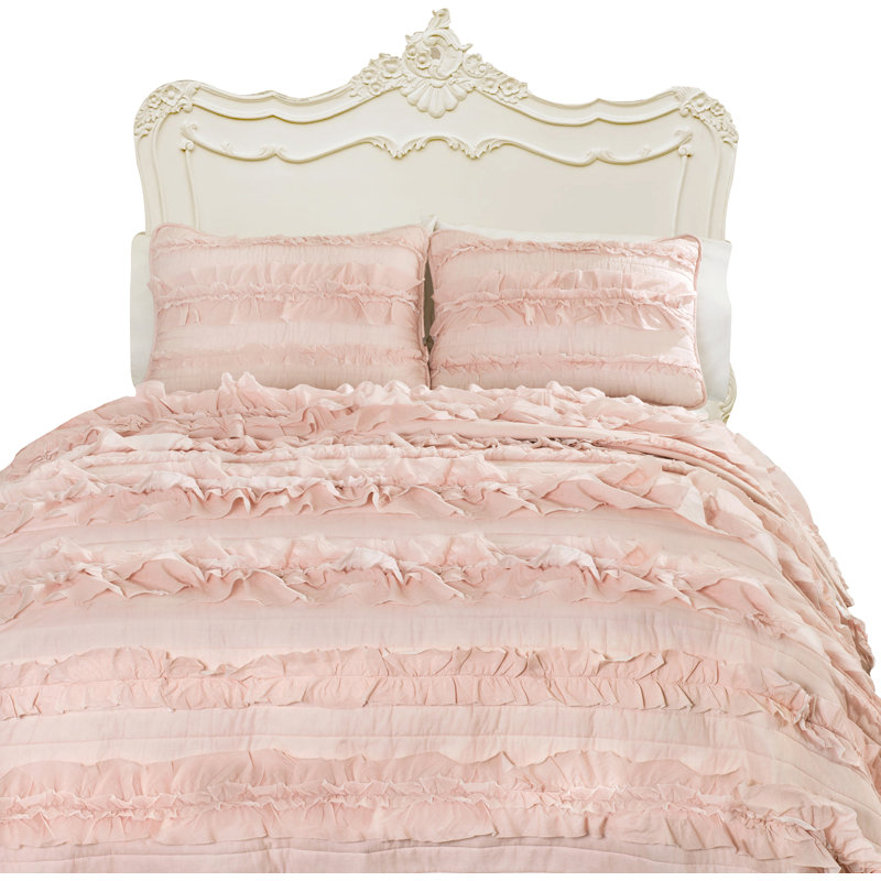 Pink Blush Cotton Twin Reversible Ruffled Quilt Set