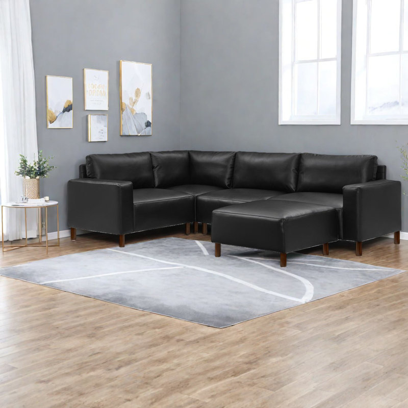 Canapés modulaires modernes en cuir noir, spacieux canapé modulaire avec repose-pieds pour la maison