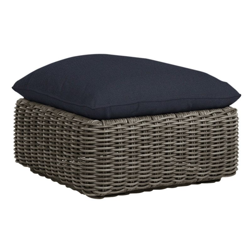 Montecito Outdoor Ottoman with Cushion, Welt, Raffia, Linen Navy