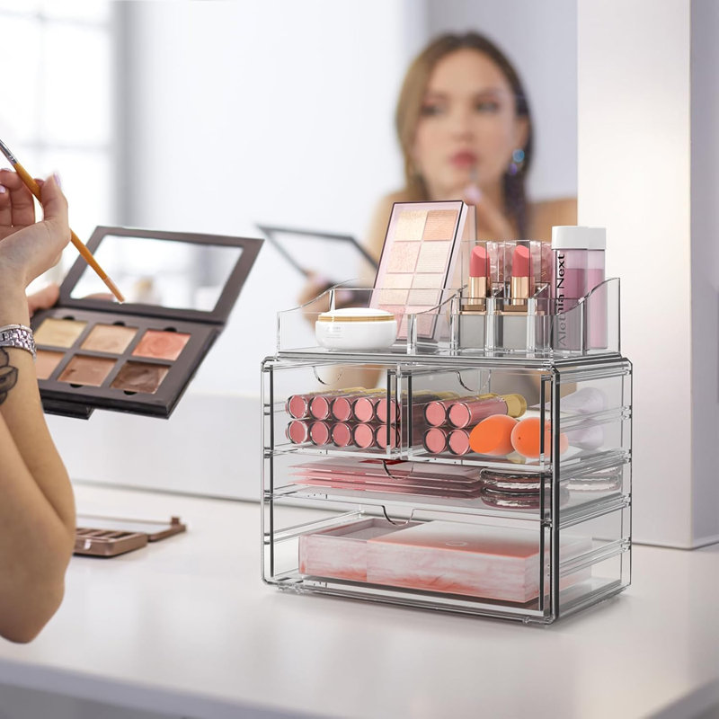 Organisateur de maquillage transparent à 4 niveaux avec tiroir