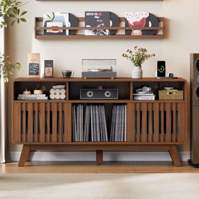 Mid-Century Modern Turntable Stand with AC & USB Charging Outlets, Large Capacity Vinyl Record Storage Cabinet, Multi-Function Media Console Table for Living Room Bedroom Audio Equipment