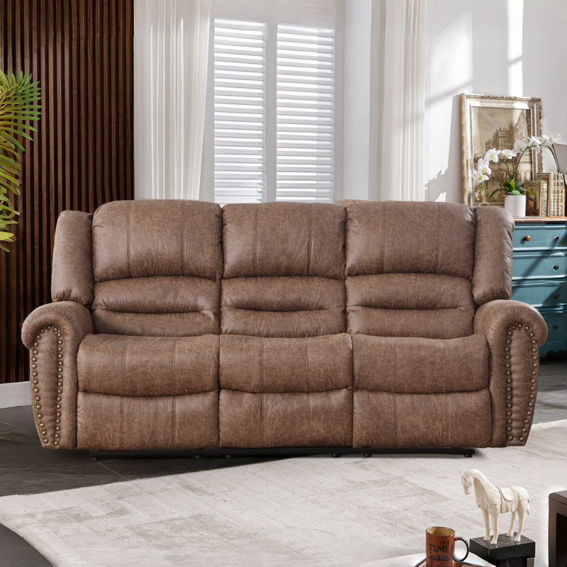 Margena 83.5" Wide Classic and Oversized Top Faux Leather Manual Reclining Sofa with Nailhead Trim