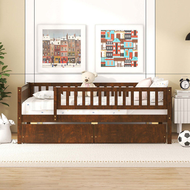 Kids Daybed Wood Bed with Two Drawers, Walnut, Full