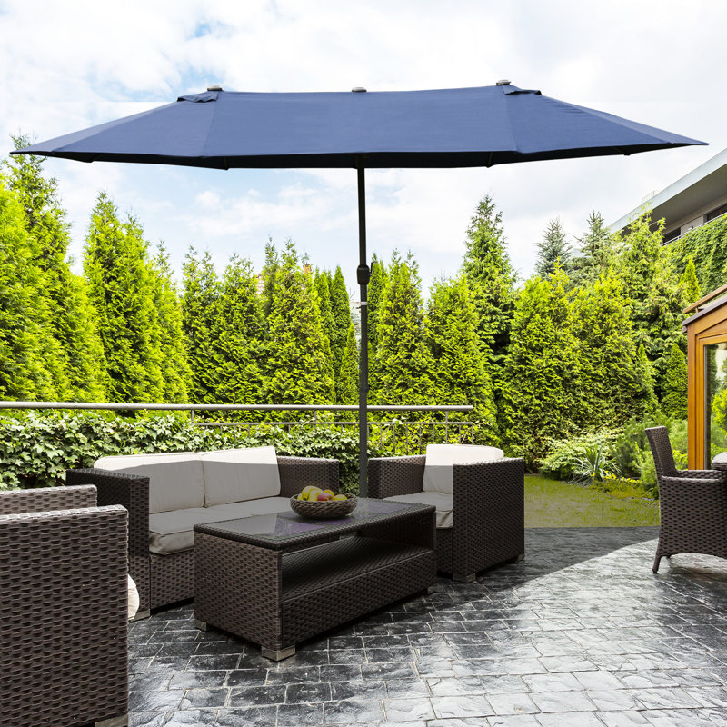 Parasol de patio bleu foncé 15 pi, structure rectangulaire en acier, manivelle facile, double face pour terrasse, égratignure de piscine, cour arrière