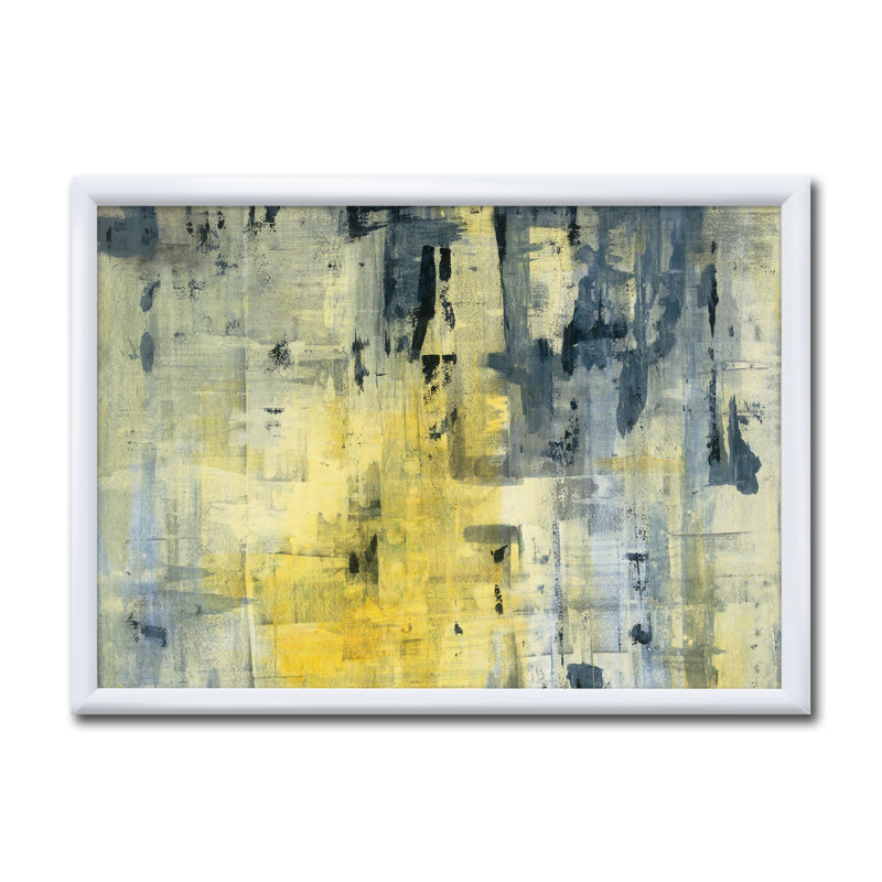 " Yellow And Black Element ", 36" H x 46" W x 1.5" D, White Framed