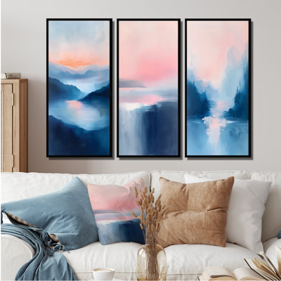 «Pink Mountain Mist At Dawn I» - Collection de 3 panneaux sur toile