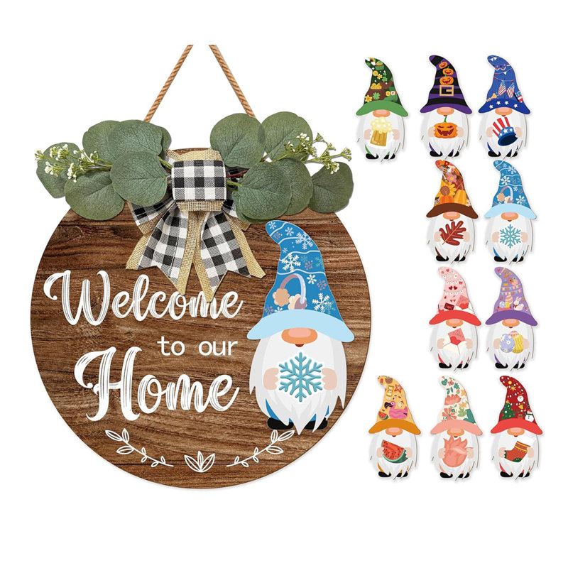 11.8" Farmhouse Interchangeable Gnome Welcome Sign, Gnome Wreath Round Hanging Decor