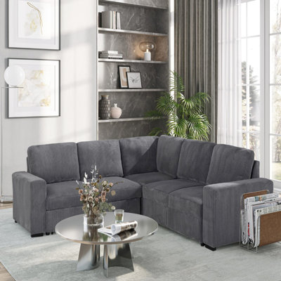 Canapé modulaire contemporain gris avec coussins doux Melody. Revêtement 100% tissu. Convient à un espace de vie principal. Accoudoirs carrés courbés. Confort de siège mi-ferme. 4 Configuration. Dimensions: 96,28
