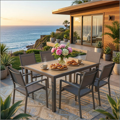 Ensemble de 6 chaises d'extérieur robustes en métal gris avec textilène résistant aux intempéries pour une assise durable et confortable